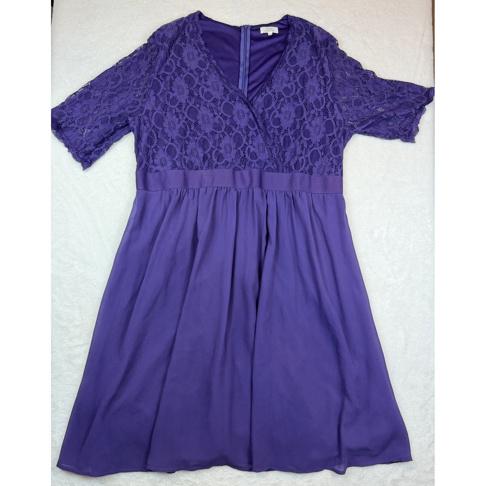 Pinup Fashion Purple Lace Bodice V-Neck Flared Sleeve Dress 22W